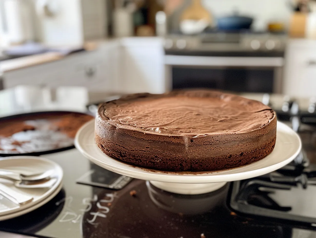 Finished Chocolate Mousse Cake, sliced and ready to serve.