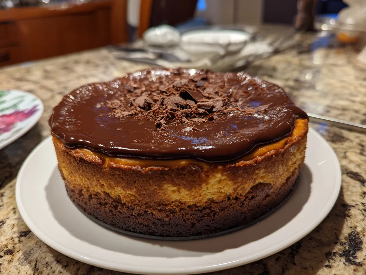 Finished Chocolate Orange Cheesecake on a white plate.