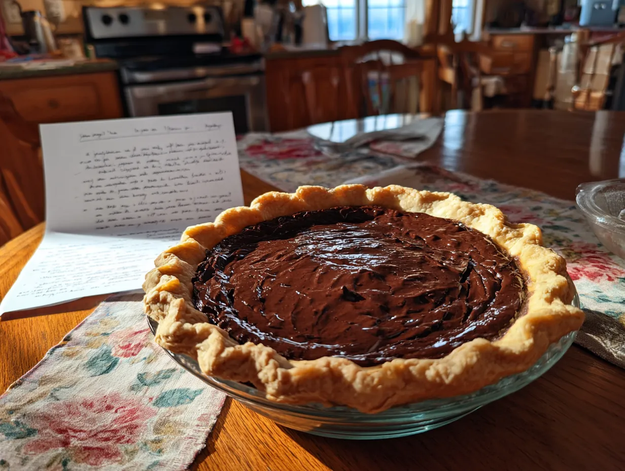 A beautifully sliced Old Fashioned Chocolate Pie on a plate, showcasing its creamy texture and rich chocolate color.