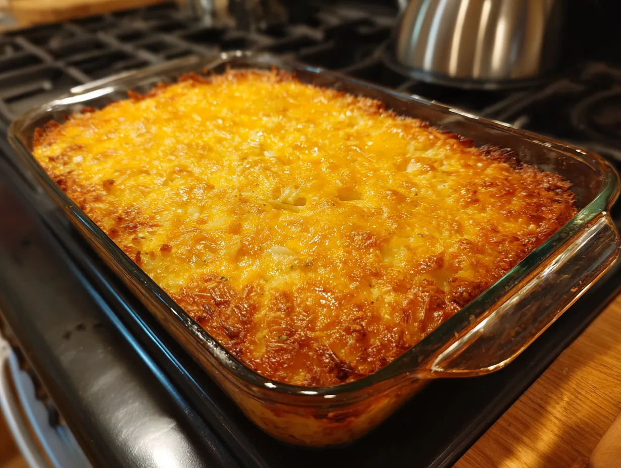 Finished copycat cracker barrel hashbrown casserole in a home kitchen