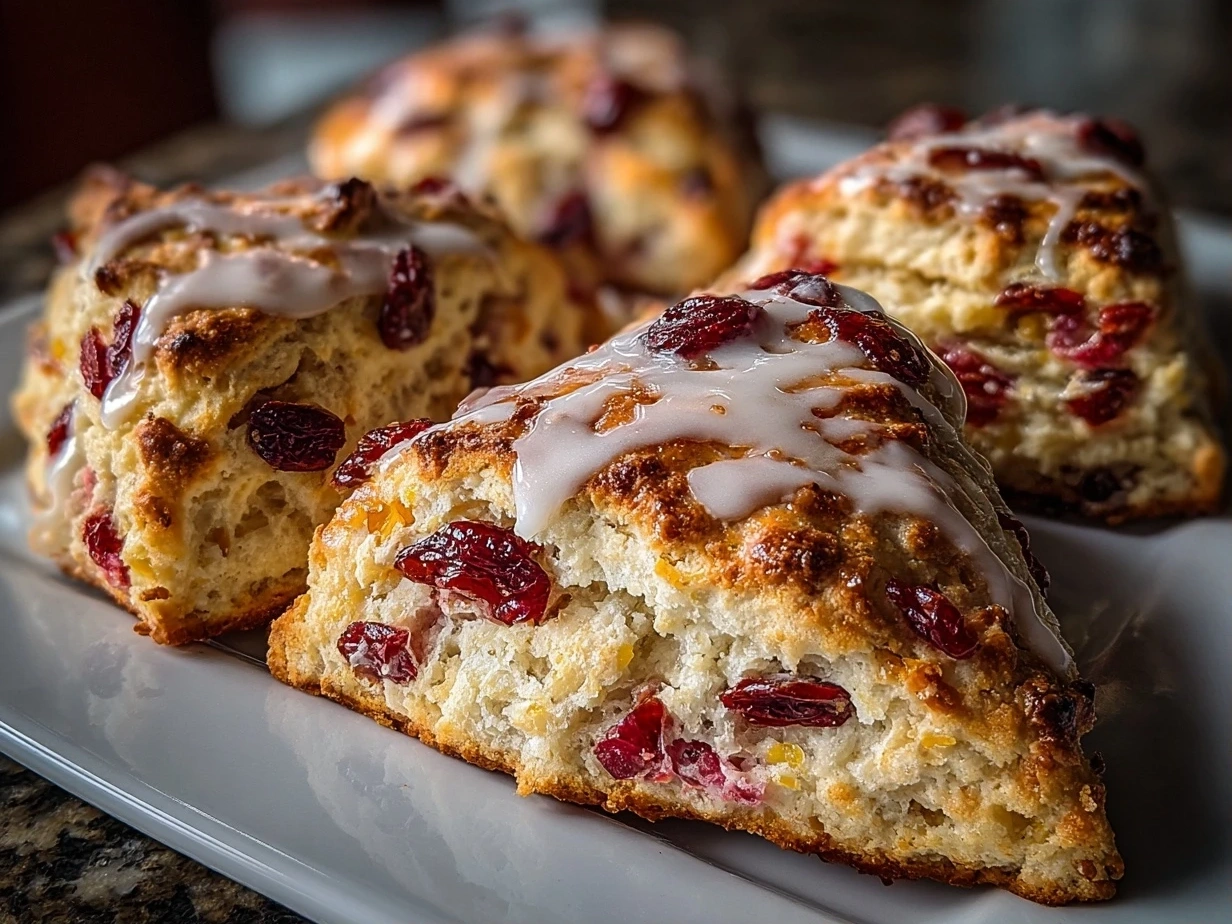 Finished cranberry orange scones arranged on a plate