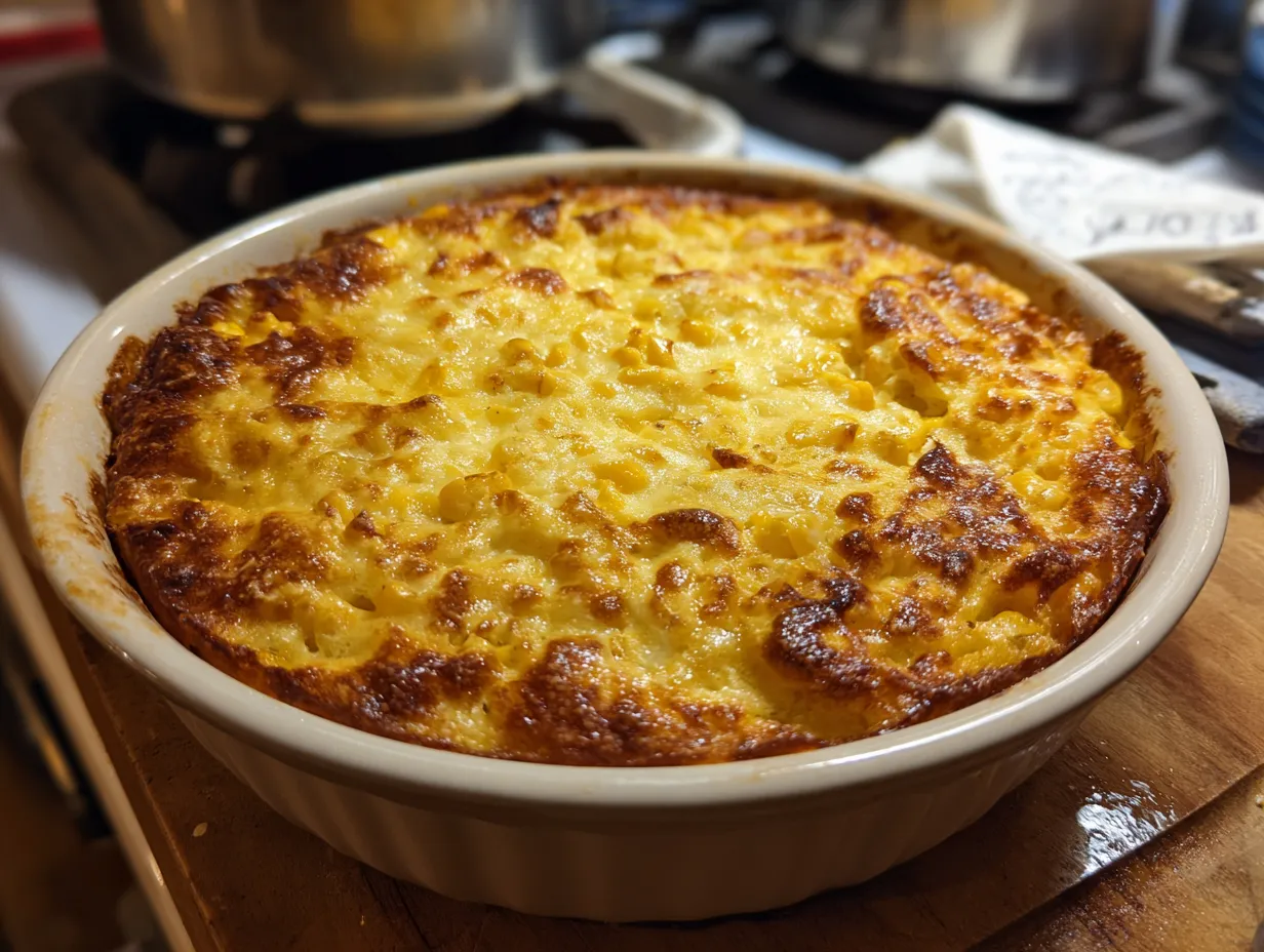 Finished Cream Cheese Corn Casserole, golden brown and bubbly