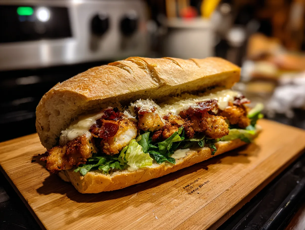 A beautifully assembled and finished Crispy Chicken Caesar Sandwich on a kitchen counter, ready to be enjoyed.