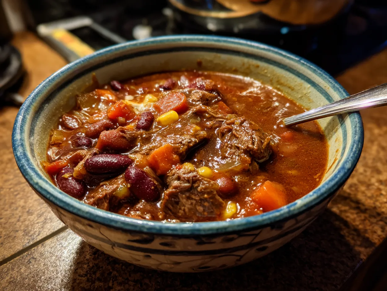 A bowl of delicious, finished Crockpot Prime Rib Chili