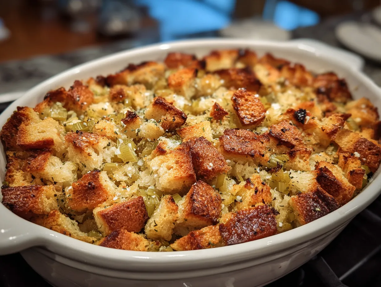 Finished Crockpot Stuffing in a slow cooker, golden brown and ready to serve.