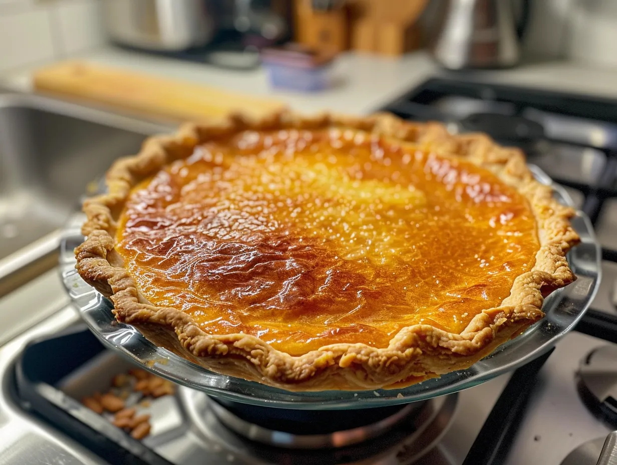 Finished Custard Pie with Praline Sauce, golden brown and ready to serve.
