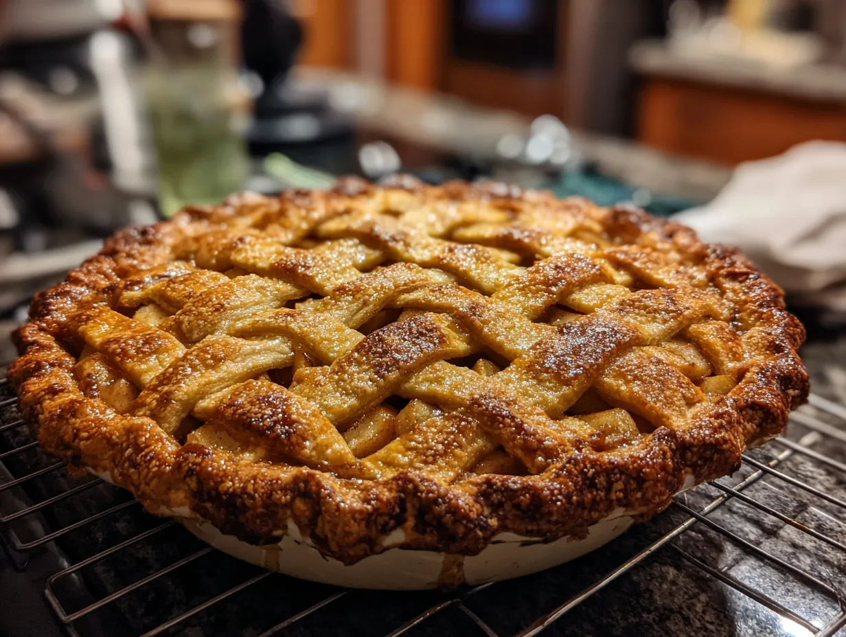 A freshly baked Dutch Caramel Apple Pie with a golden-brown crumb topping, drizzled with caramel sauce.