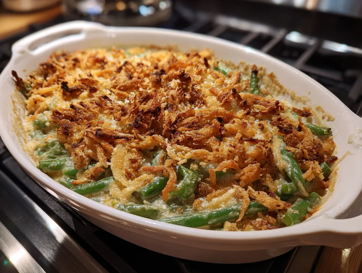 A freshly baked garlic parmesan green bean casserole, golden brown and bubbling, ready to be served.