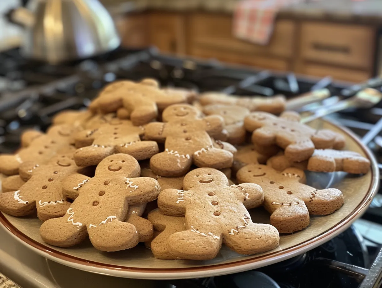 Finished gingerbread cookies decorated with icing on a kitchen counter