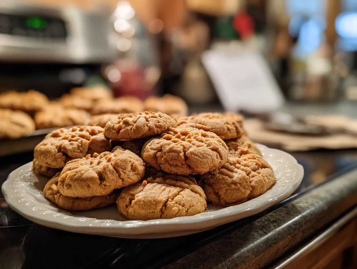 Finished homemade soft peanut butter cookies displayed on a kitchen counter