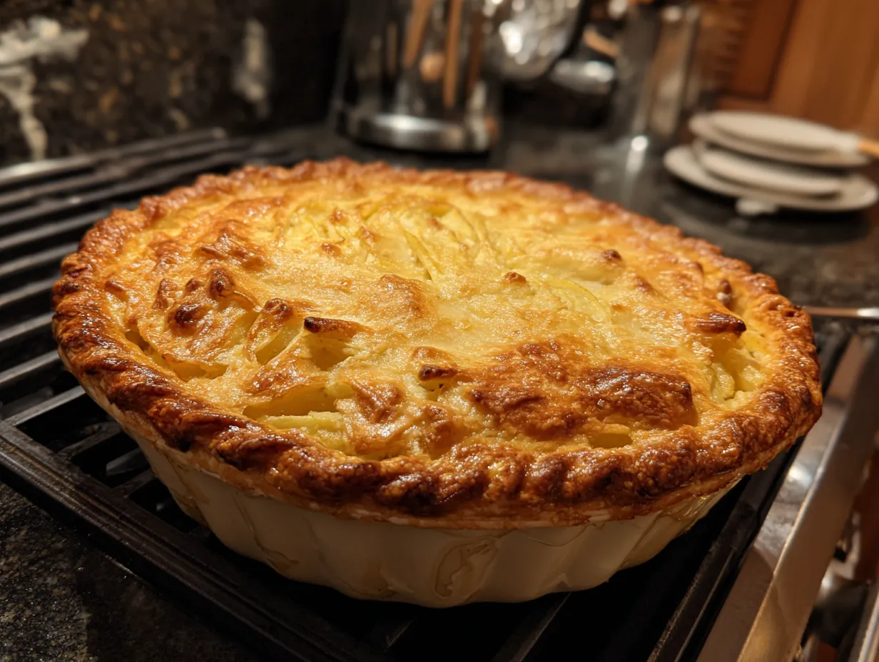 A finished Irish Potato Pie Recipe served on a rustic dining table, golden brown and bubbly.