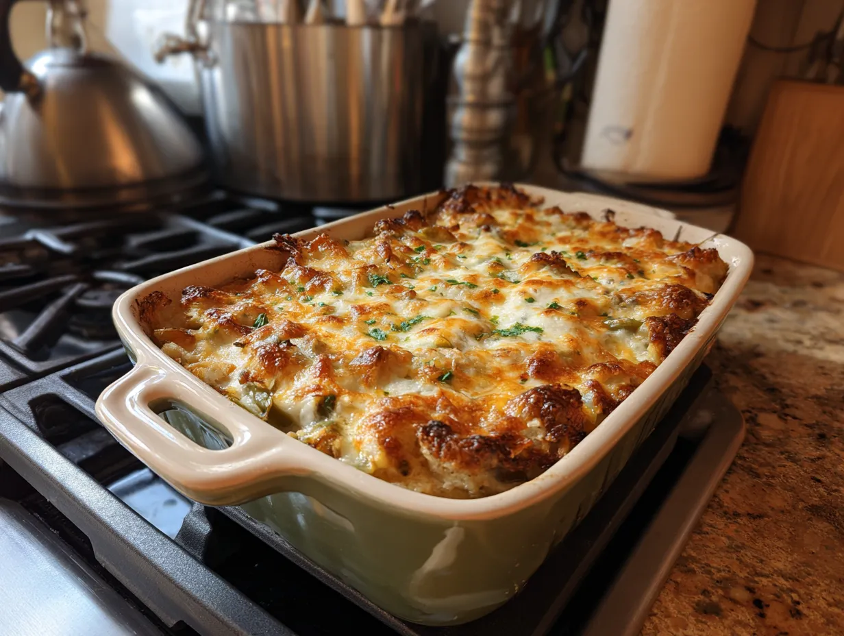 A finished loaded green bean casserole on a kitchen counter, ready to be served.