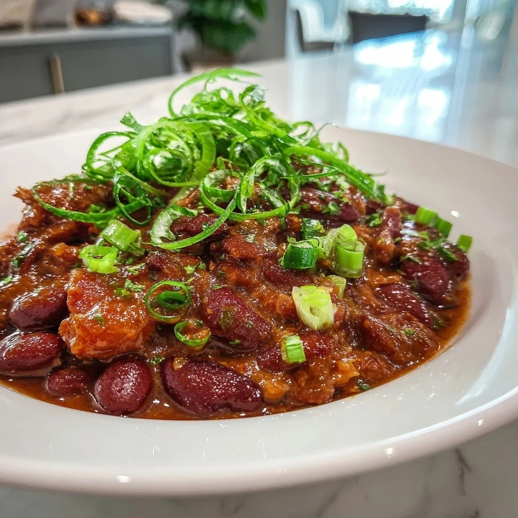 A bowl of finished one-pot red beans and rice, garnished with green onions.