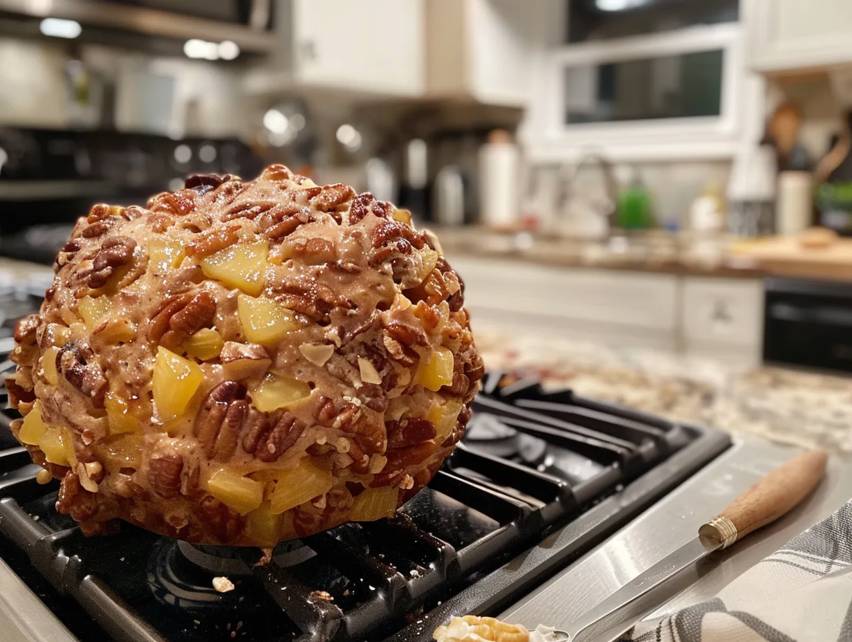 Finished pineapple pecan cheese ball coated with pecans, ready to serve.