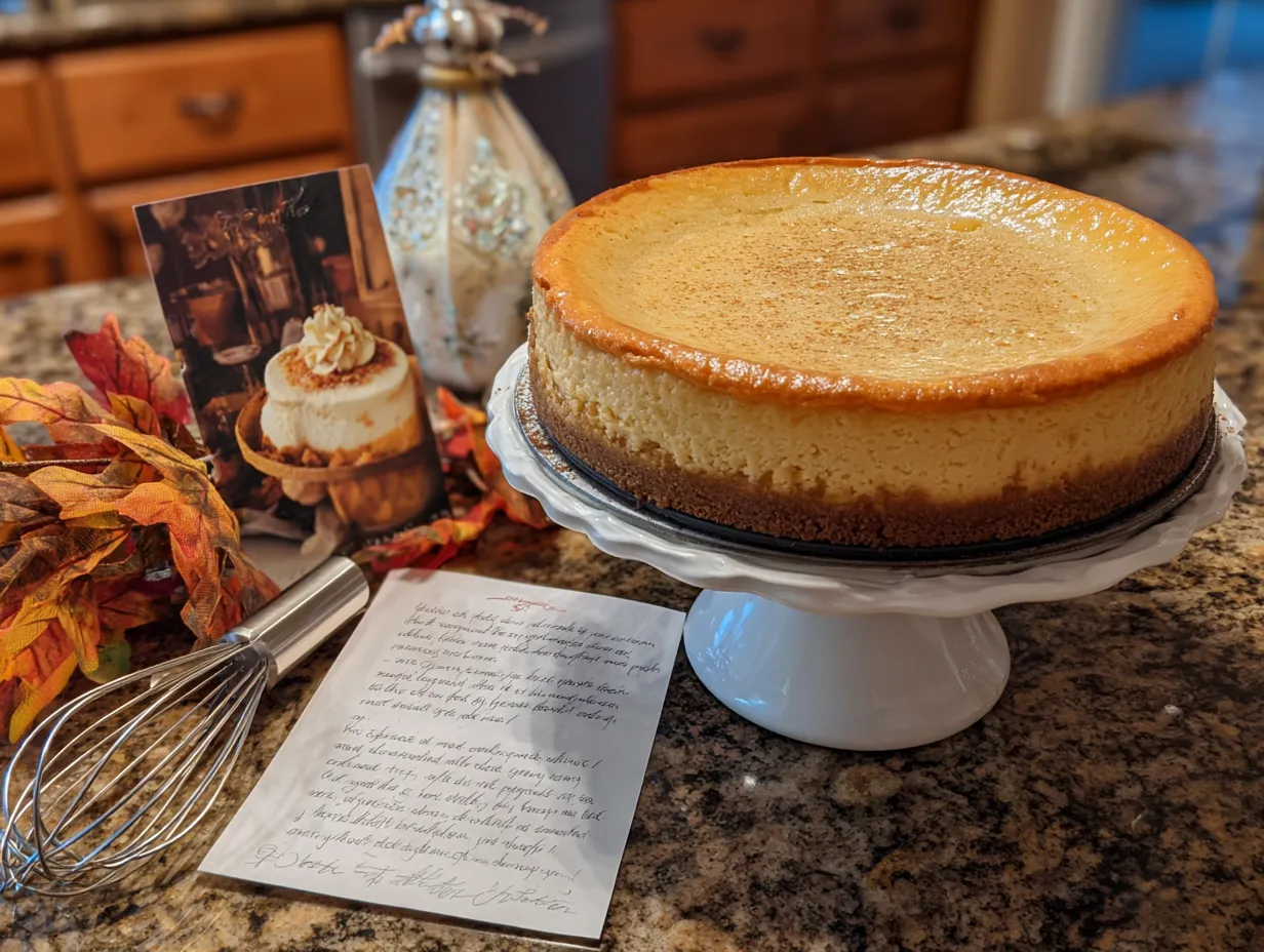A beautifully decorated Pumpkin Cheesecake, ready to be served and enjoyed