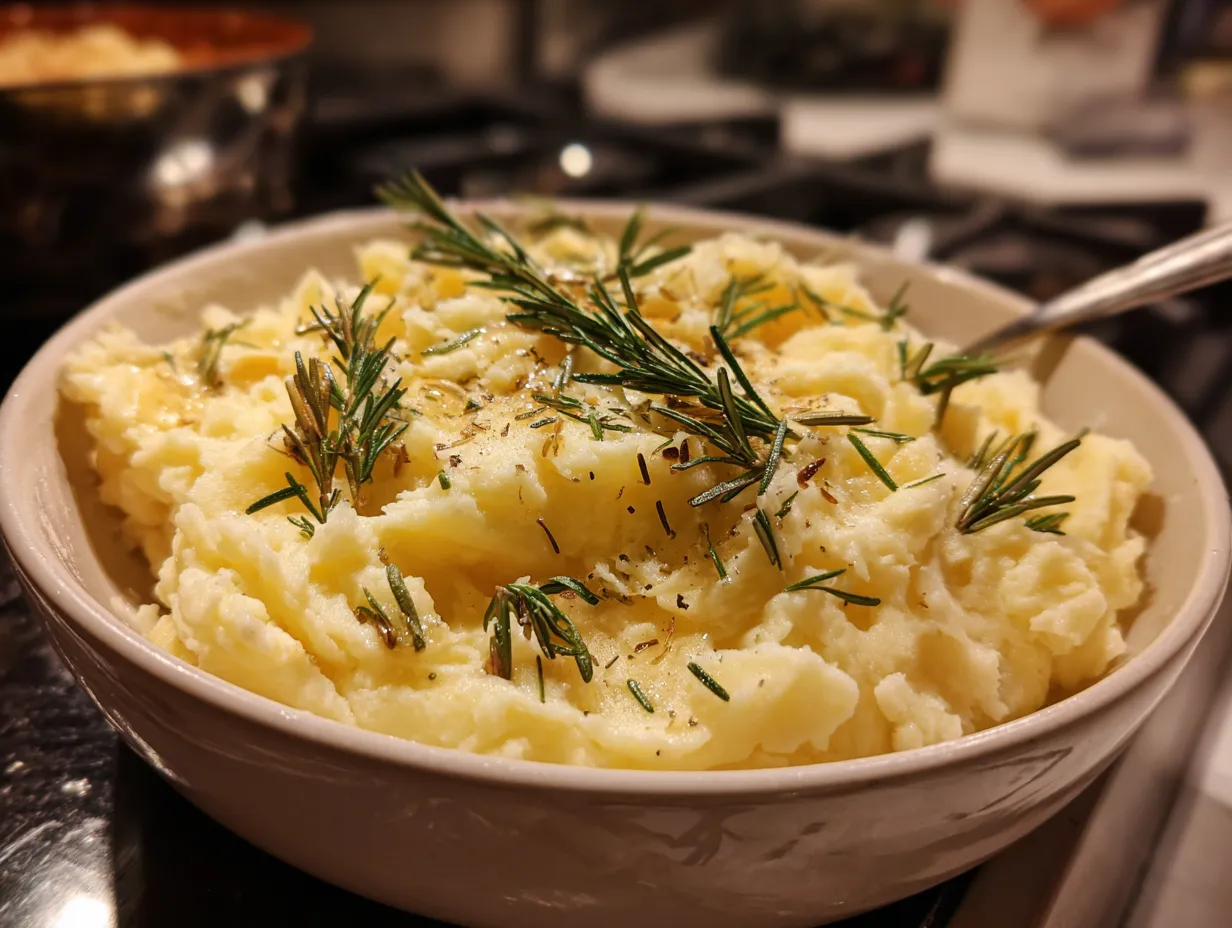 Finished dish of creamy Rosemary Garlic Mashed Potatoes.