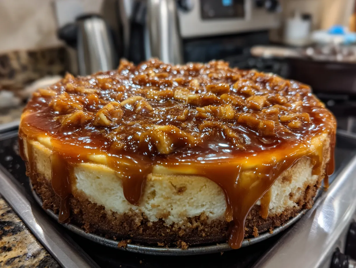 A beautifully finished salted caramel apple pie cheesecake sitting on a kitchen counter, drizzled with caramel sauce