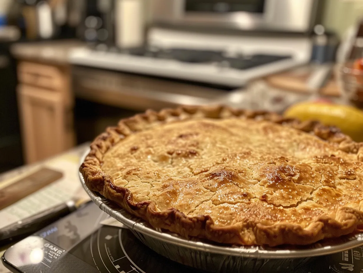 Finished Kentucky Sawdust Pie cooling on a kitchen counter