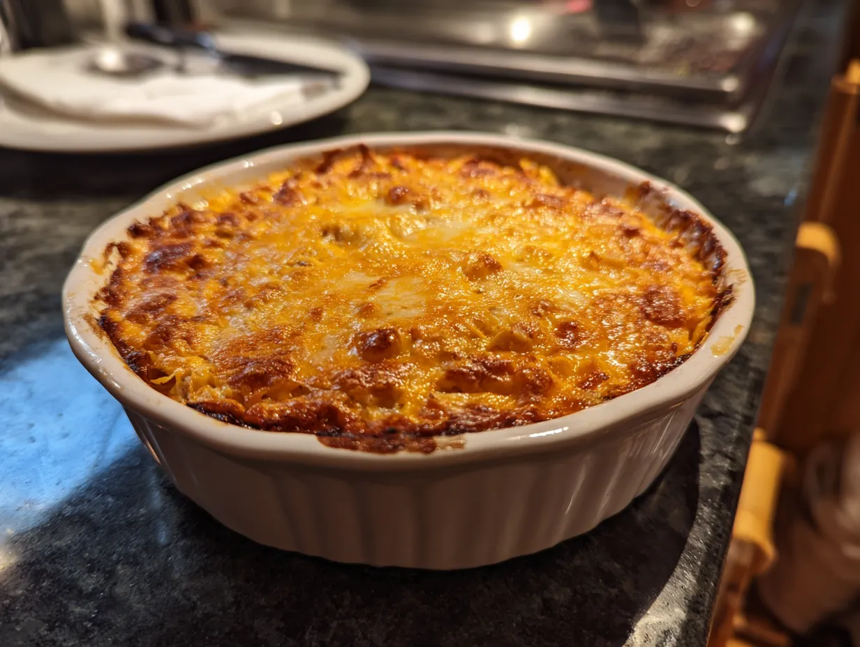 Finished slow cooker buffalo chicken dip with a handwritten note.