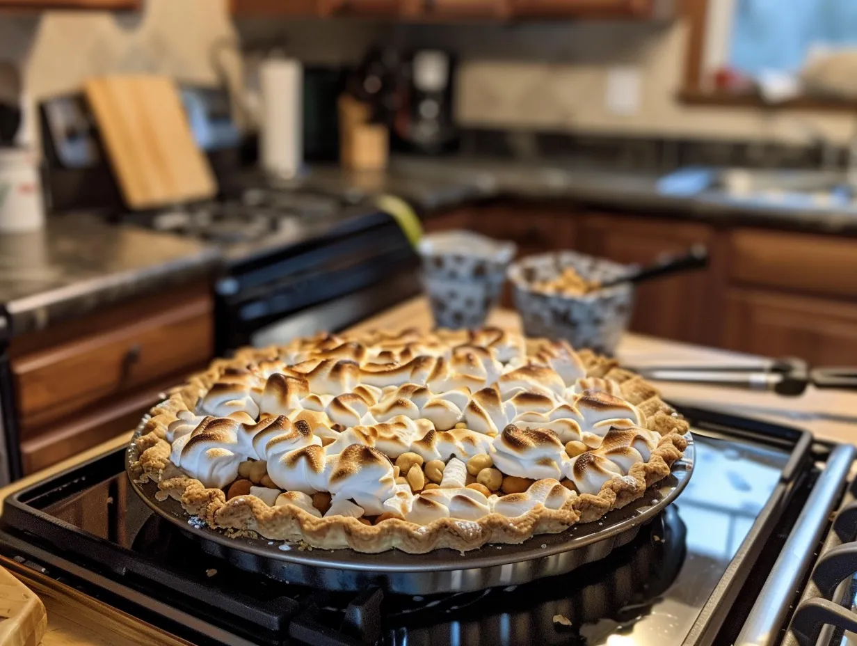 Finished smores pie with golden toasted marshmallows