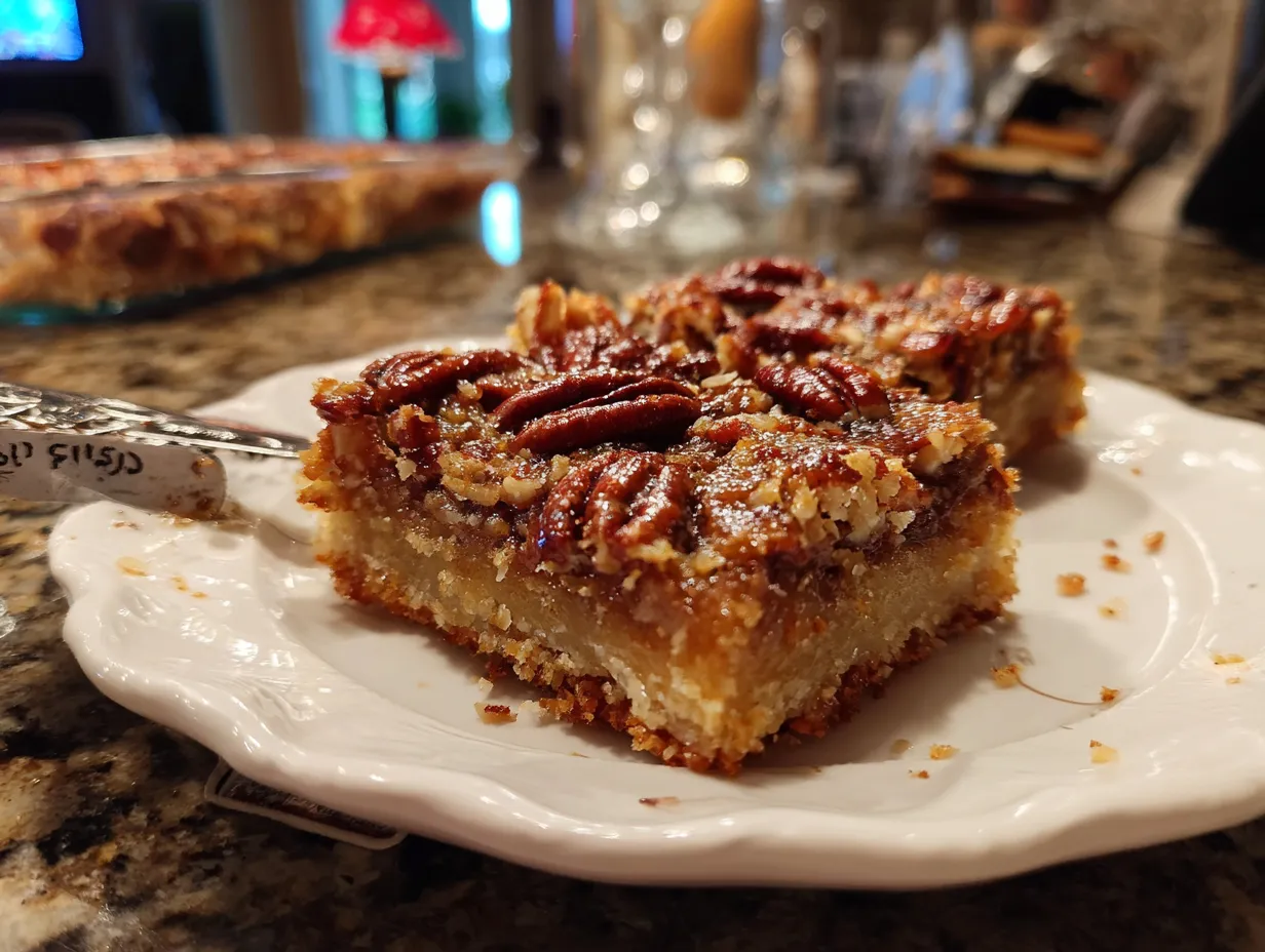 Finished Southern Pecan Pie Bars arranged on a kitchen counter, showcasing their golden-brown pecan filling and shortbread crust.