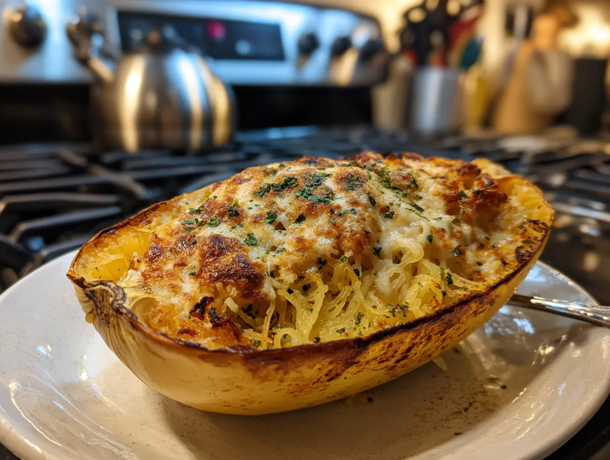 Finished spaghetti squash dinner with meat sauce and melted mozzarella cheese.