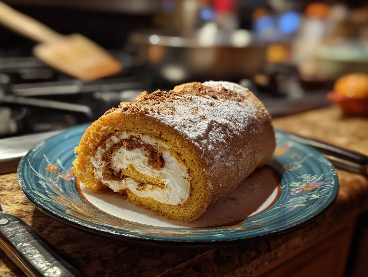 A beautifully finished spiced creamy pumpkin roll dusted with powdered sugar, ready to be sliced and served.