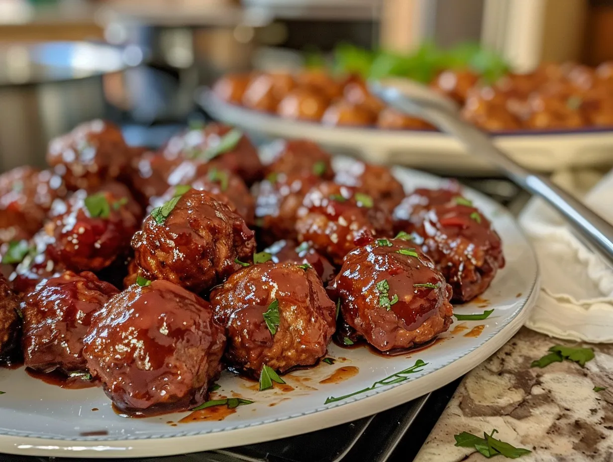 Finished Spicy Cranberry BBQ Meatballs served warm and garnished.