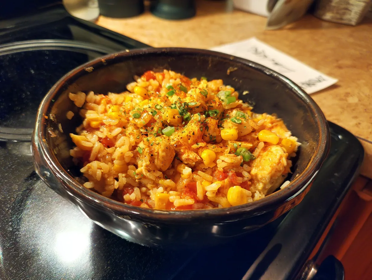 Finished Spicy Mexican Street Corn Chicken Rice Bowl served in a white bowl and garnished with cilantro