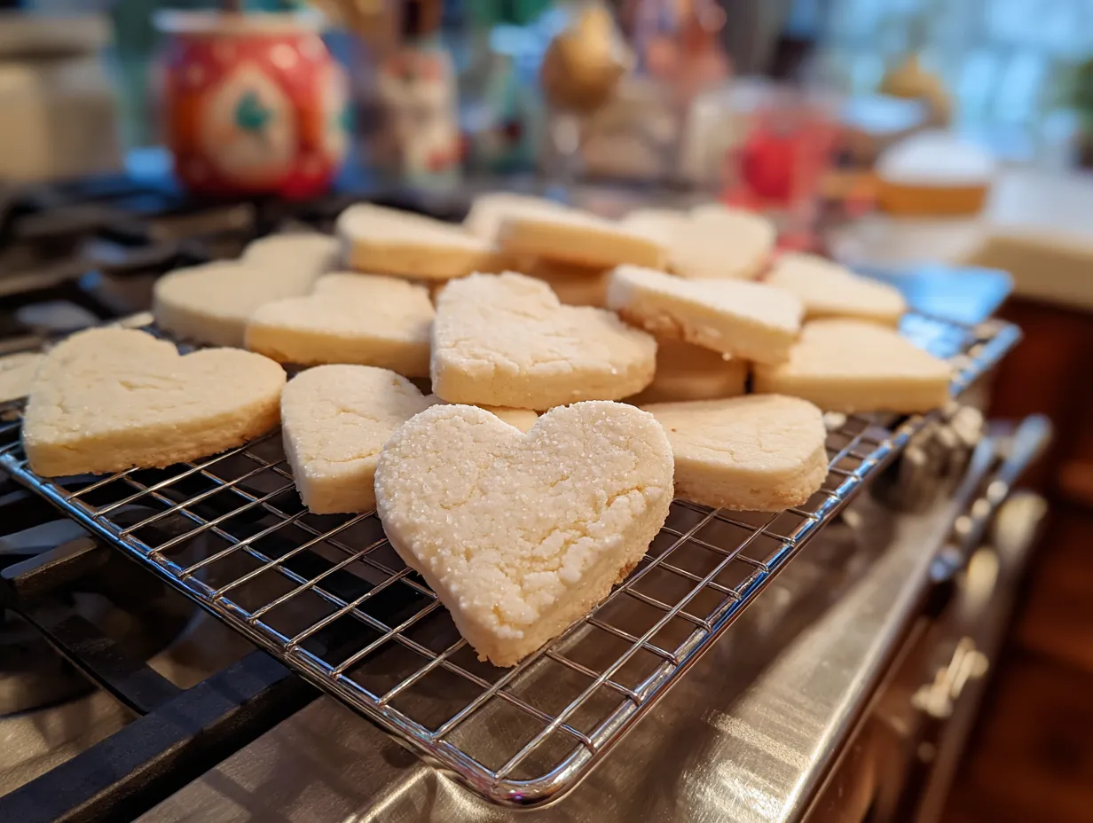 Freshly baked sugar cookies cooling on a wire rack.