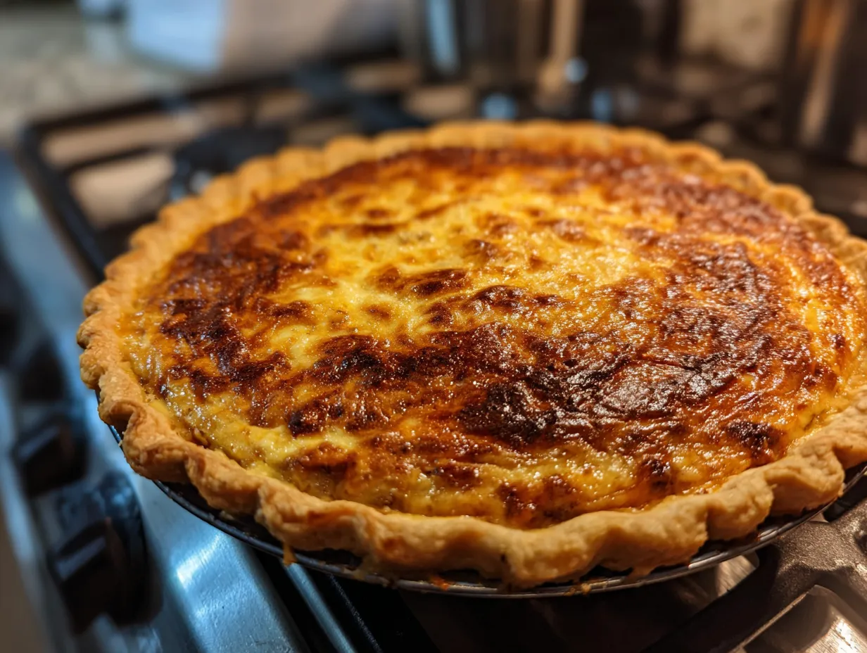 Finished Texas Trash Pie cooling on a kitchen counter, golden brown and ready to be sliced.