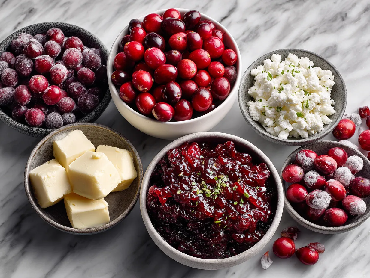 Fresh ingredients for homemade cranberry salsa including cranberries, red onion, jalapeno, cilantro and lime.