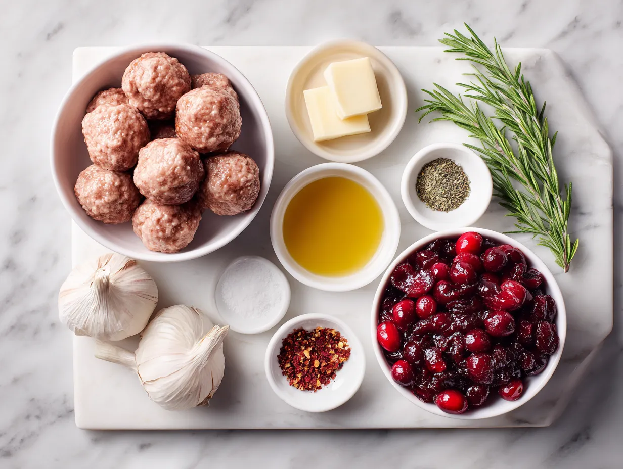 Fresh ingredients including ground turkey, cranberry sauce, and spices arranged for making cranberry turkey meatballs
