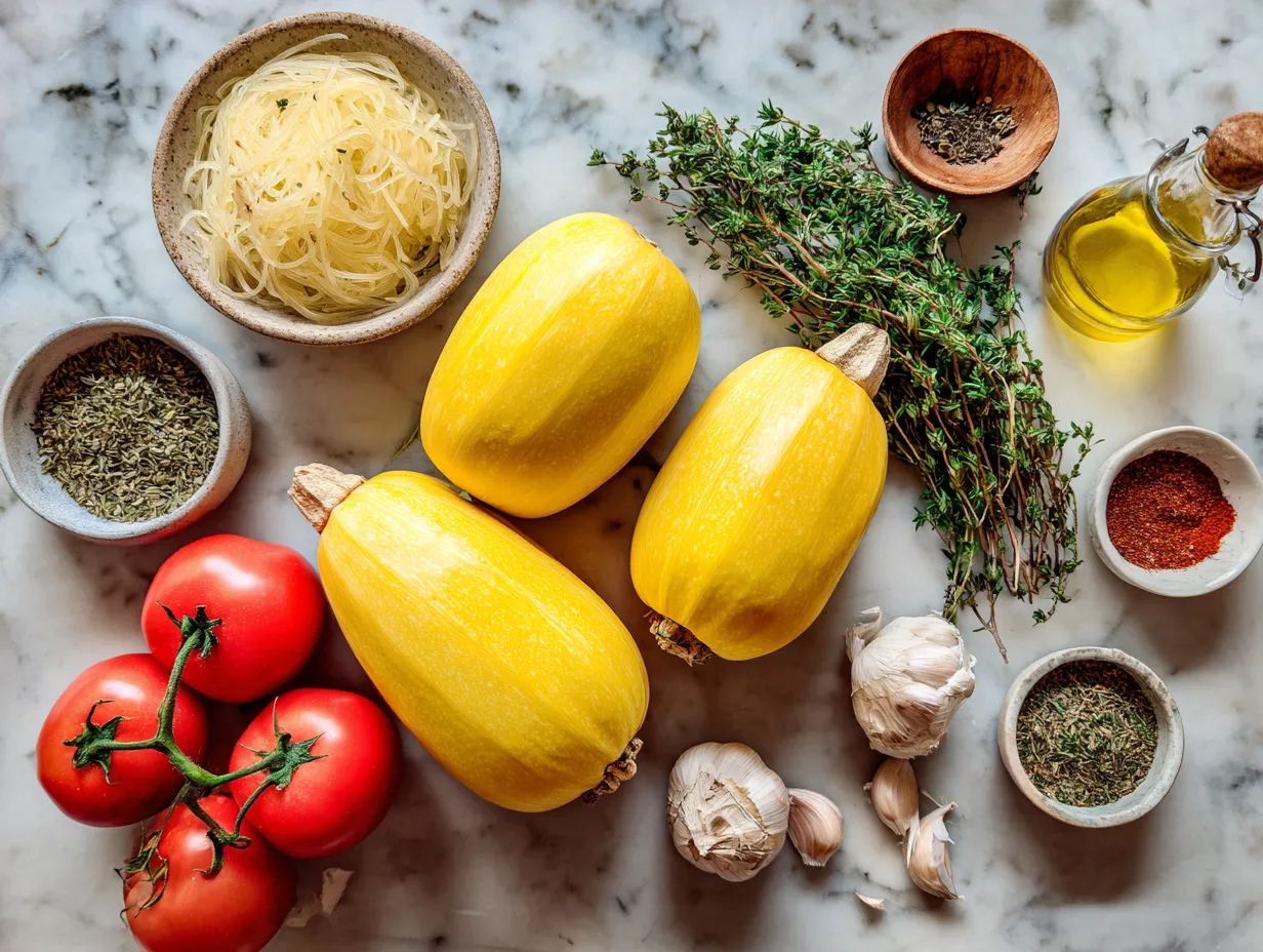 Fresh ingredients for making spaghetti squash dinner including spaghetti squash, ground meat, onion, garlic, marinara sauce, and mozzarella cheese.