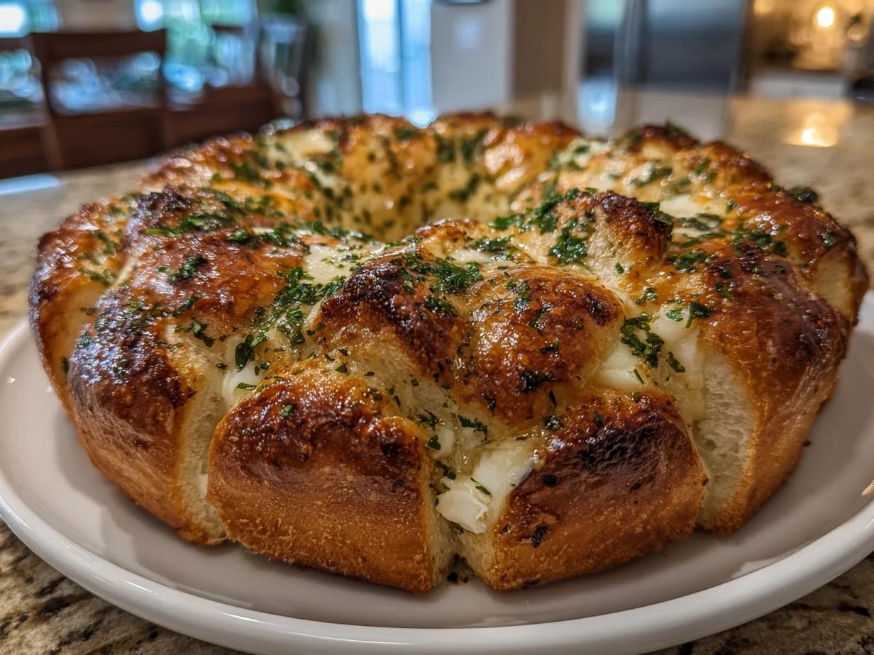 Finished Garlic Bread Wreath with Baked Brie garnished with parsley