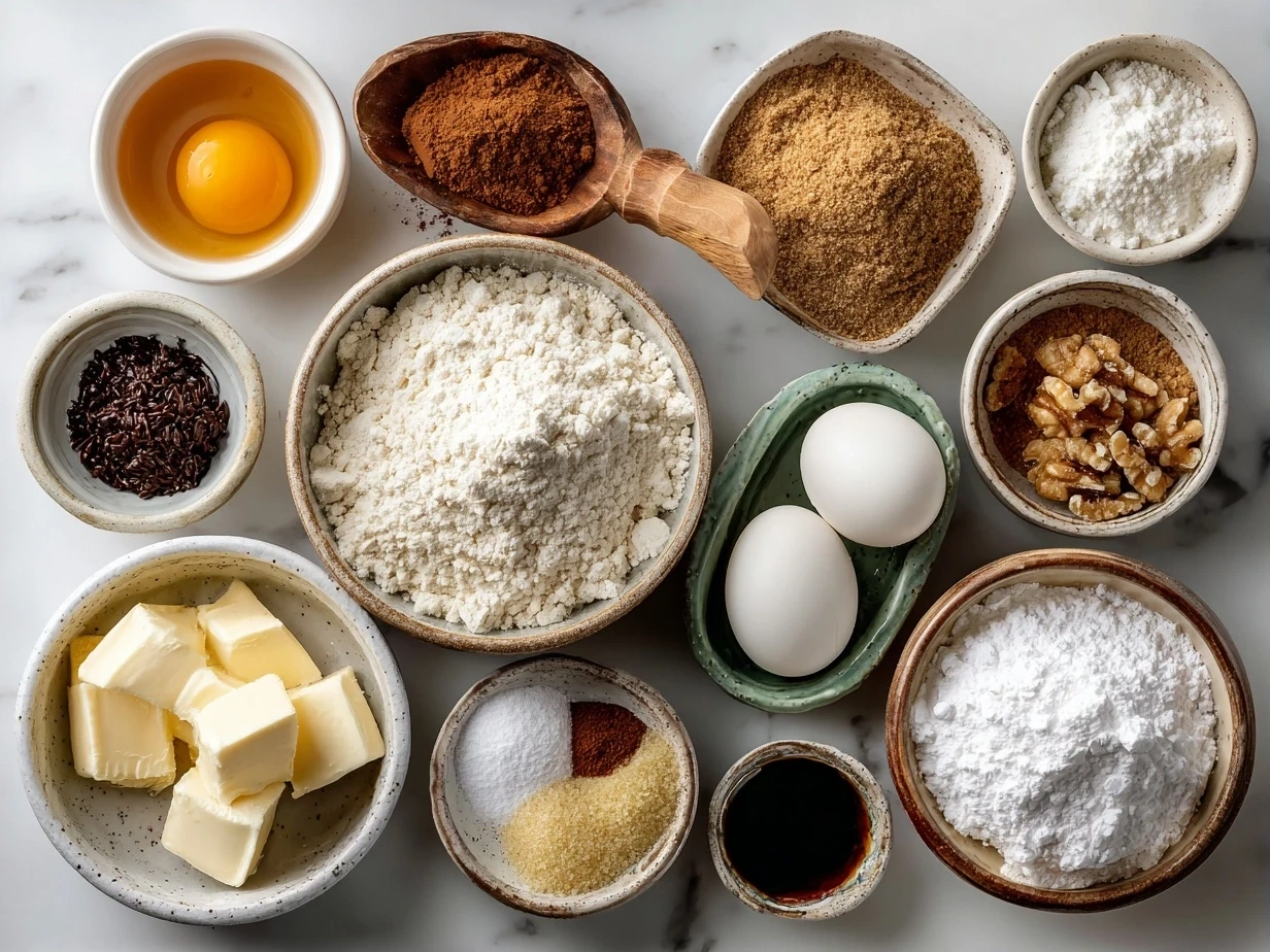 Gingerbread Cake Ingredients: flour, baking soda, baking powder, cinnamon, ginger, cloves, salt, butter, sugar, brown sugar, eggs, molasses, hot water, and vegetable oil.