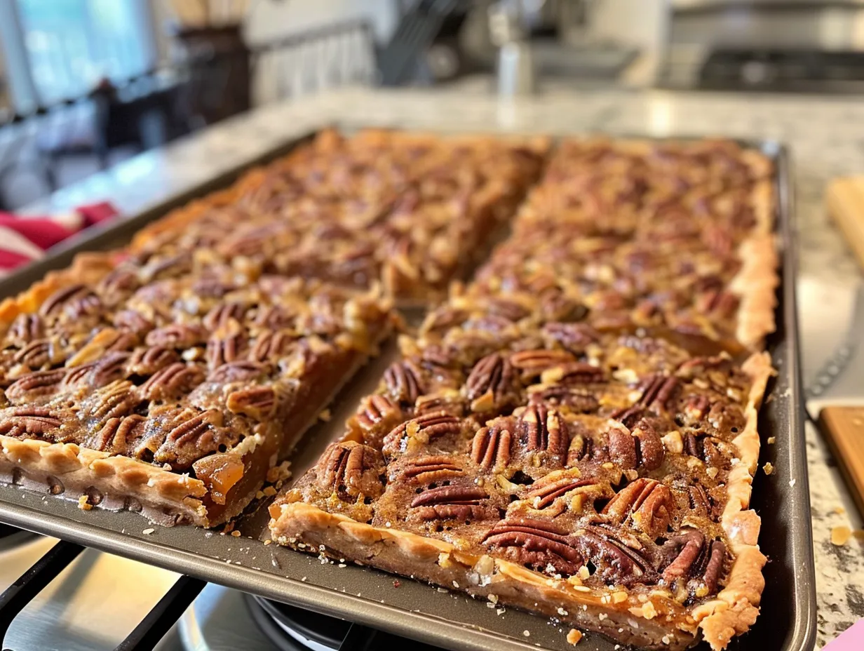 Finished gooey pecan pie bars, golden brown and cut into squares, ready to be served.