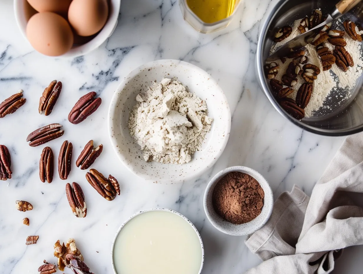 Ingredients for making gooey pecan pie bars, including flour, butter, sugar, eggs, and pecans.