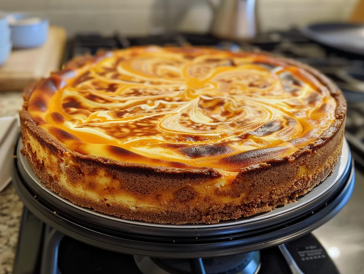 A delicious homemade Cheesecake with Pumpkin Swirl is sliced and ready to serve.