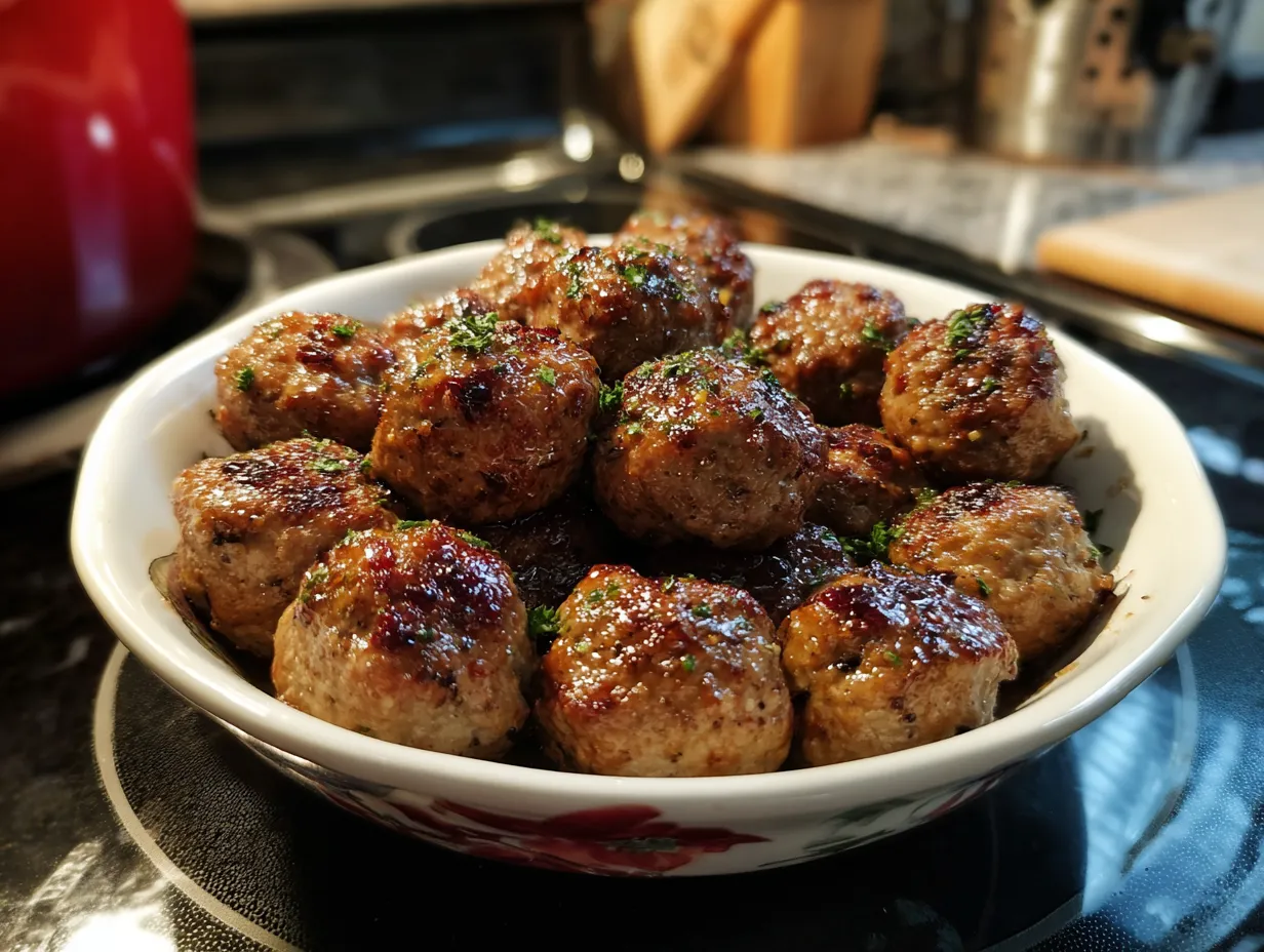 Perfectly cooked cranberry turkey meatballs in a tangy cranberry sauce, ready to be served.