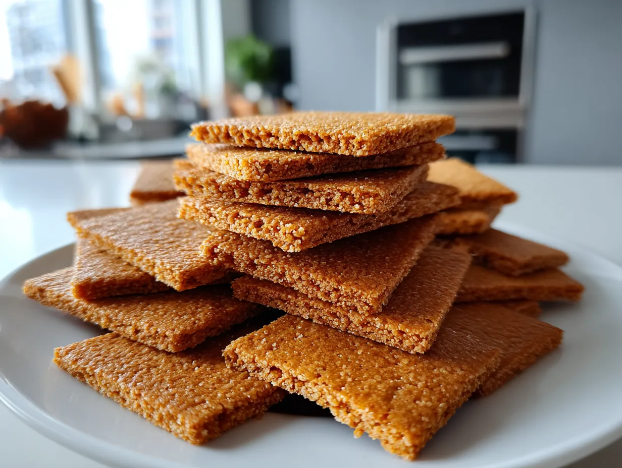 Finished homemade graham crackers stacked on a plate.