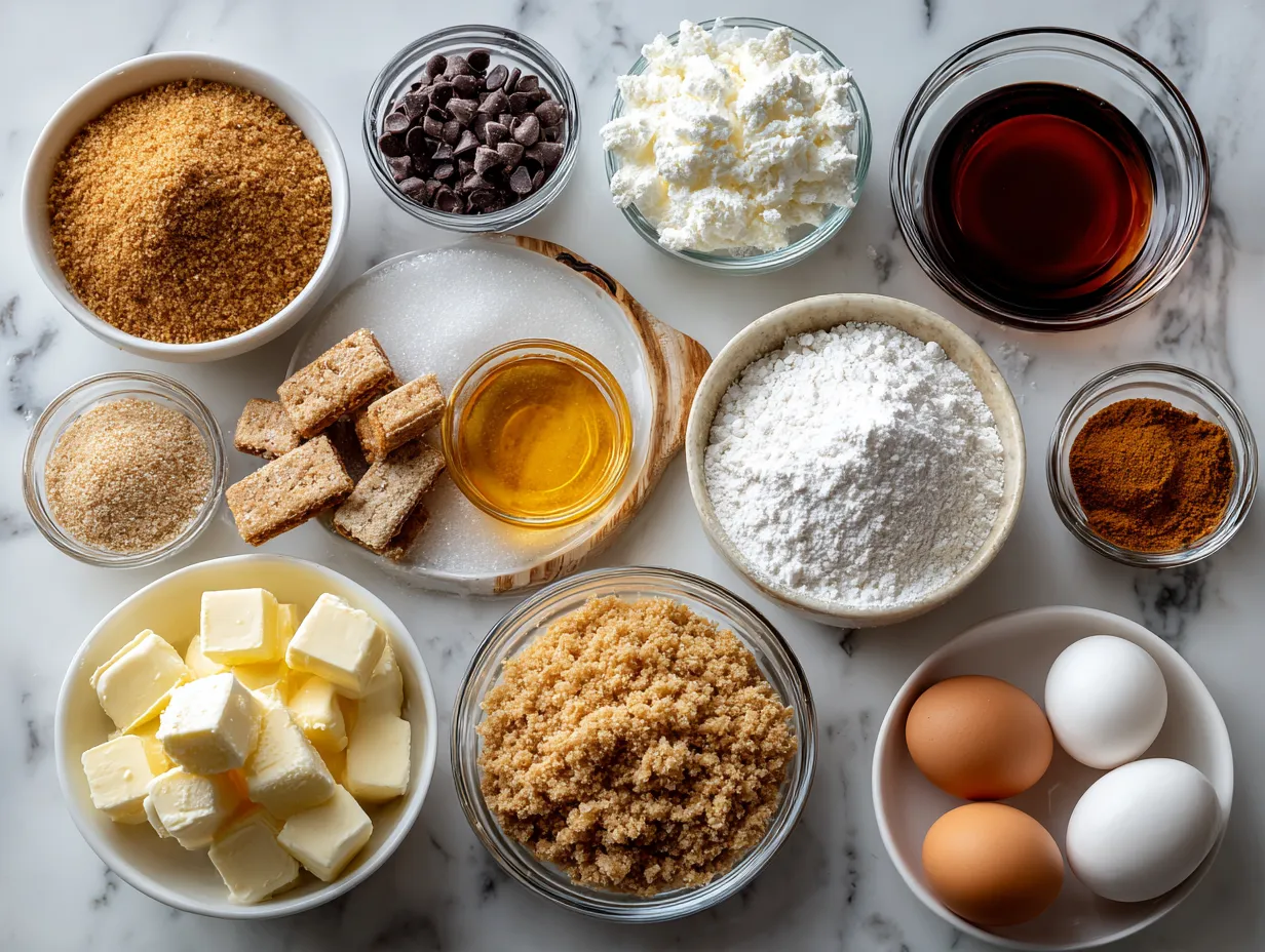 Ingredients for making homemade graham crackers: whole wheat flour, all-purpose flour, brown sugar, baking soda, cinnamon, salt, butter, honey, milk, vanilla extract, and granulated sugar.