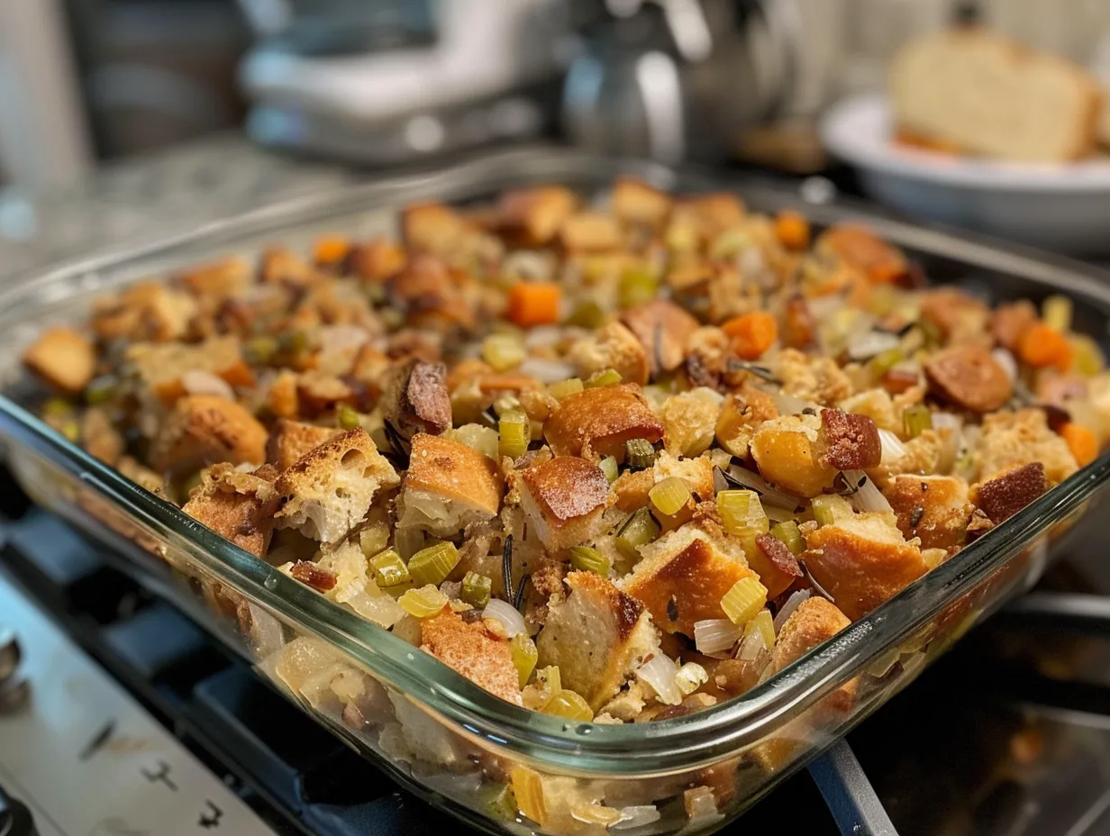 Delicious homemade Turkey Crockpot Stuffing served in a bowl