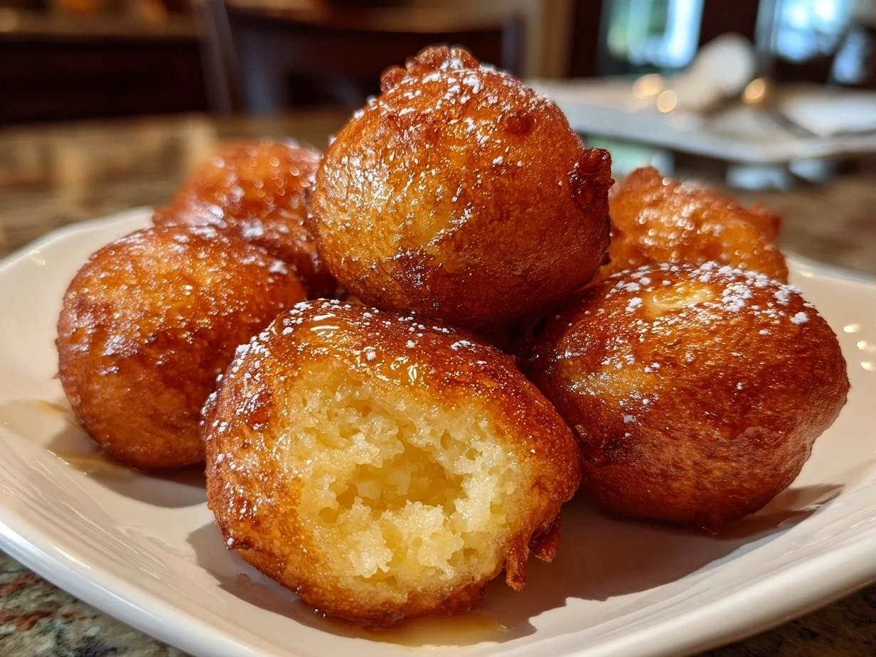 Golden Homemade Buñuelos sprinkled with cinnamon sugar.