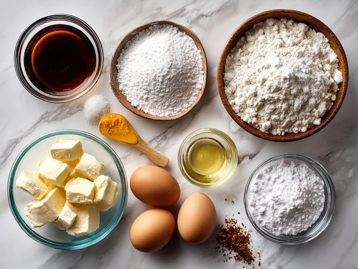 Ingredients for Homemade Buñuelos: flour, baking powder, salt, sugar, shortening, water, oil, and cinnamon.