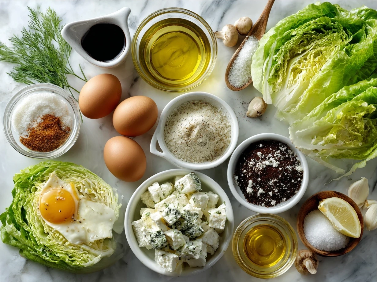 Ingredients for Homemade Caesar Salad Dressing Recipe including mayonnaise, parmesan cheese, lemon juice, dijon mustard, Worcestershire sauce, garlic powder, black pepper, olive oil and salt.