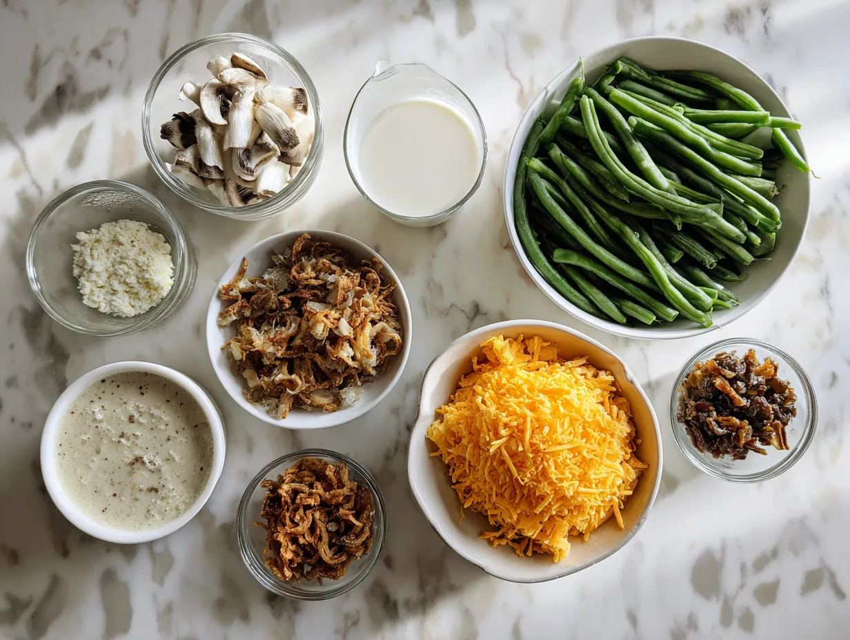 Ingredients needed to make Cheesy Green Bean Casserole: canned green beans, cream of mushroom soup, milk, pepper, cheddar cheese, french fried onions, and butter.