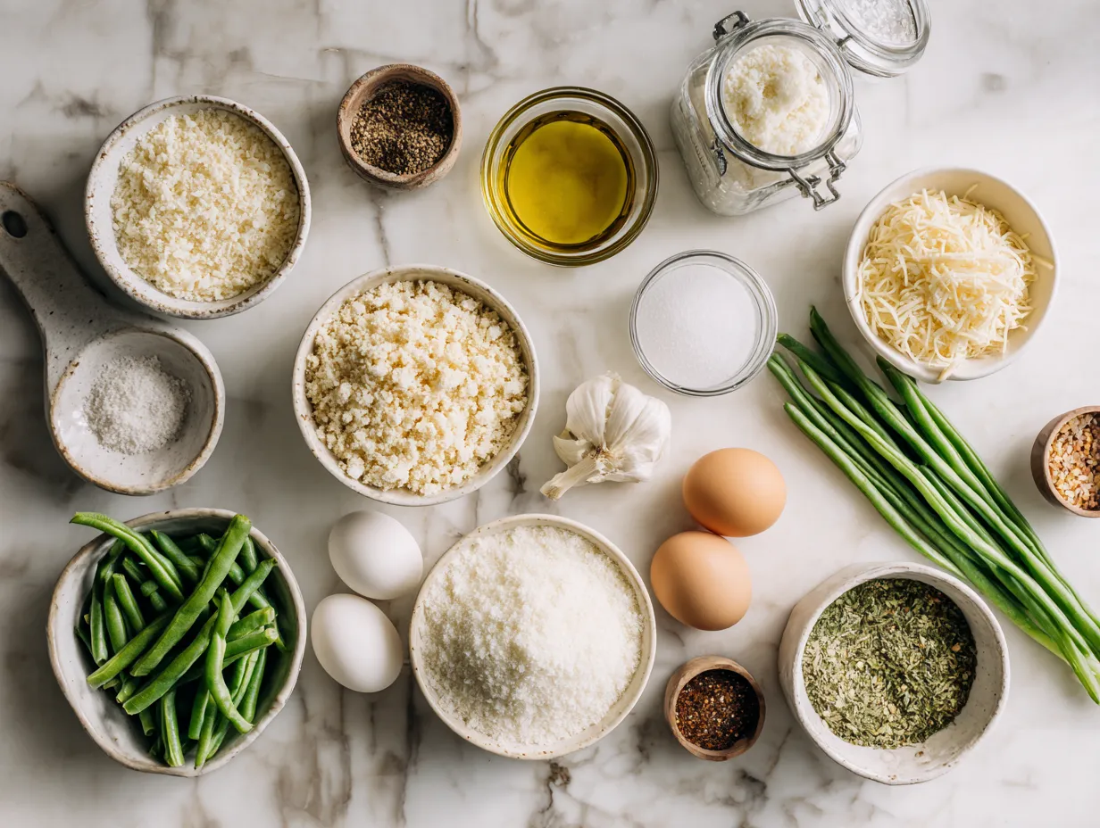 Ingredients for making garlic parmesan green bean casserole, displayed on a white marble surface.