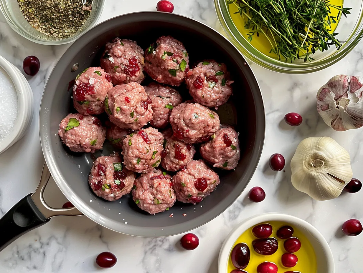 Ingredients for Spicy Cranberry BBQ Meatballs including ground beef, breadcrumbs, cranberry sauce, and spices.