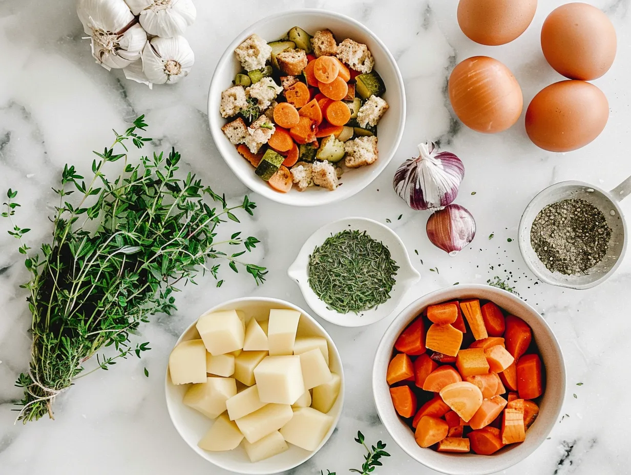 Ingredients needed to make Turkey Crockpot Stuffing including bread, celery, onion, butter, broth and spices